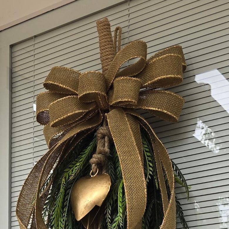 Year Round Wreath, Extra Large Door Swag, Everyday Wreath, Greenery Teardrop Swag With Gold Heart Bells