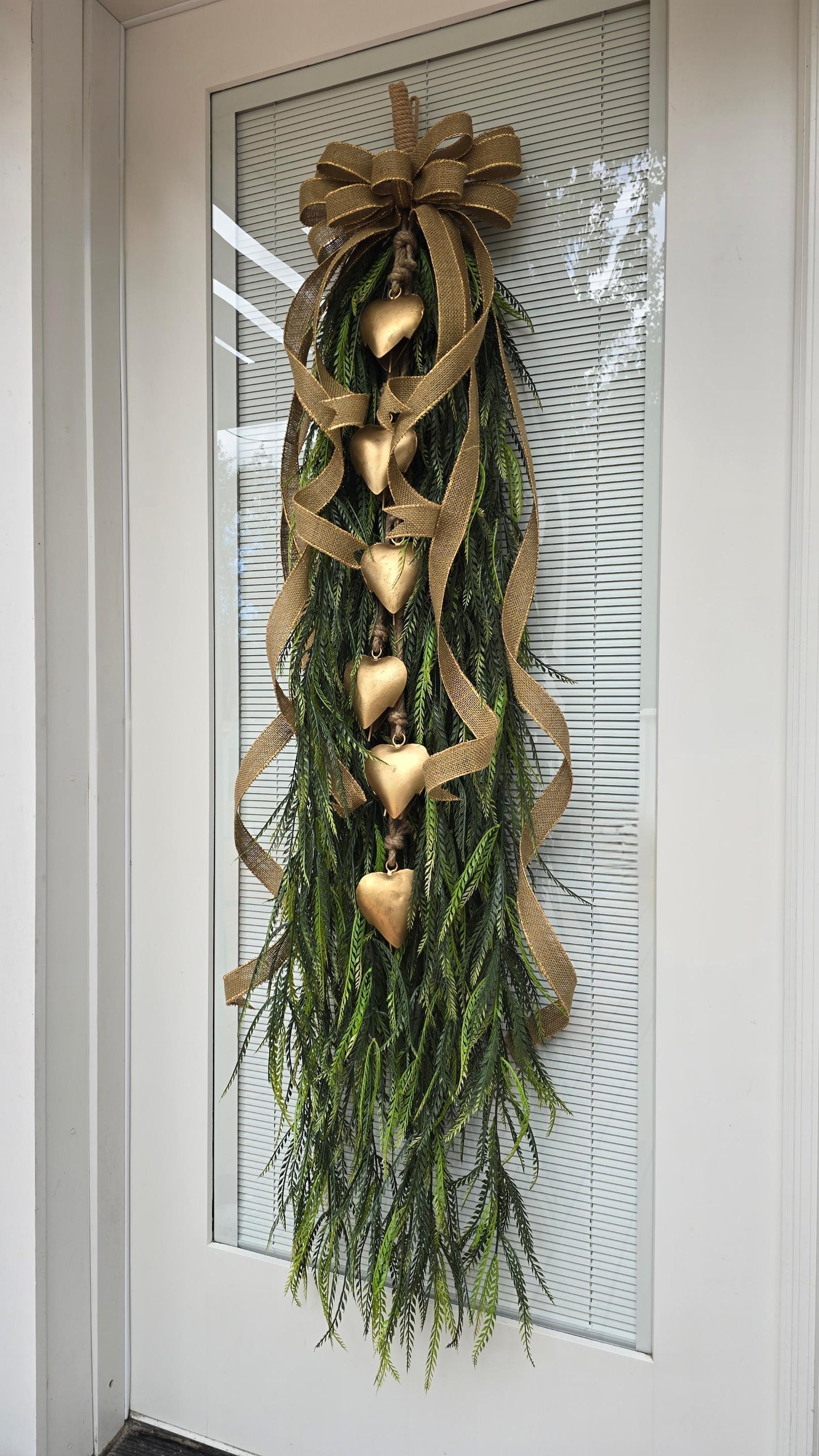Year Round Wreath, Extra Large Door Swag, Everyday Wreath, Greenery Teardrop Swag With Gold Heart Bells