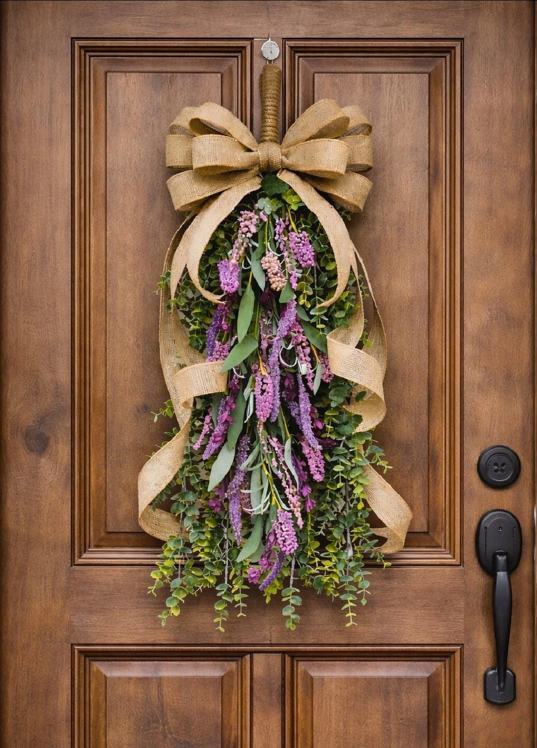 Eucalyptus Lavender Teardrop Swag | Handmade Front Door Wreath with Rustic Burlap Bow