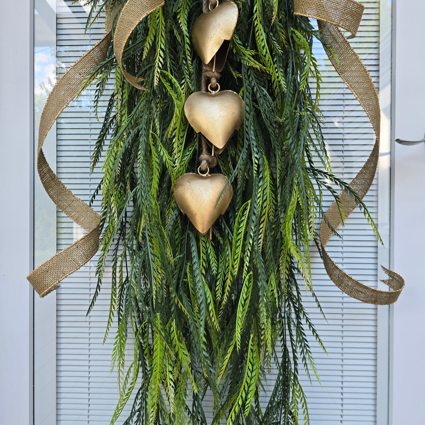 Year Round Wreath, Extra Large Door Swag, Everyday Wreath, Greenery Teardrop Swag With Gold Heart Bells