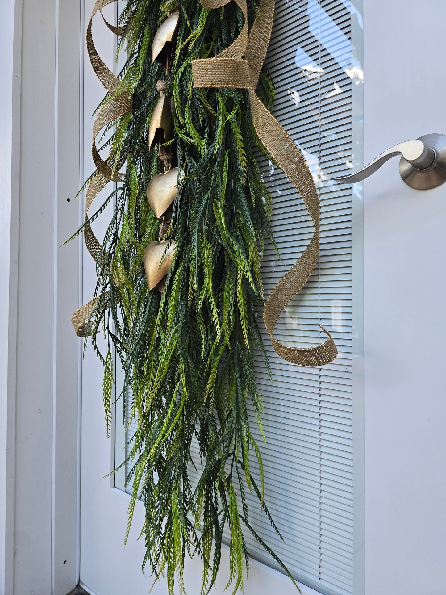 Year Round Wreath, Extra Large Door Swag, Everyday Wreath, Greenery Teardrop Swag With Gold Heart Bells
