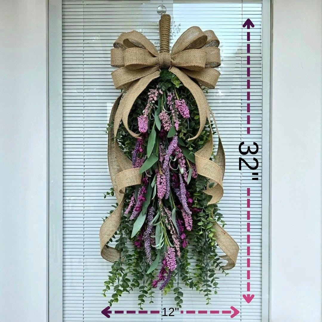 Eucalyptus Lavender Teardrop Swag | Handmade Front Door Wreath with Rustic Burlap Bow