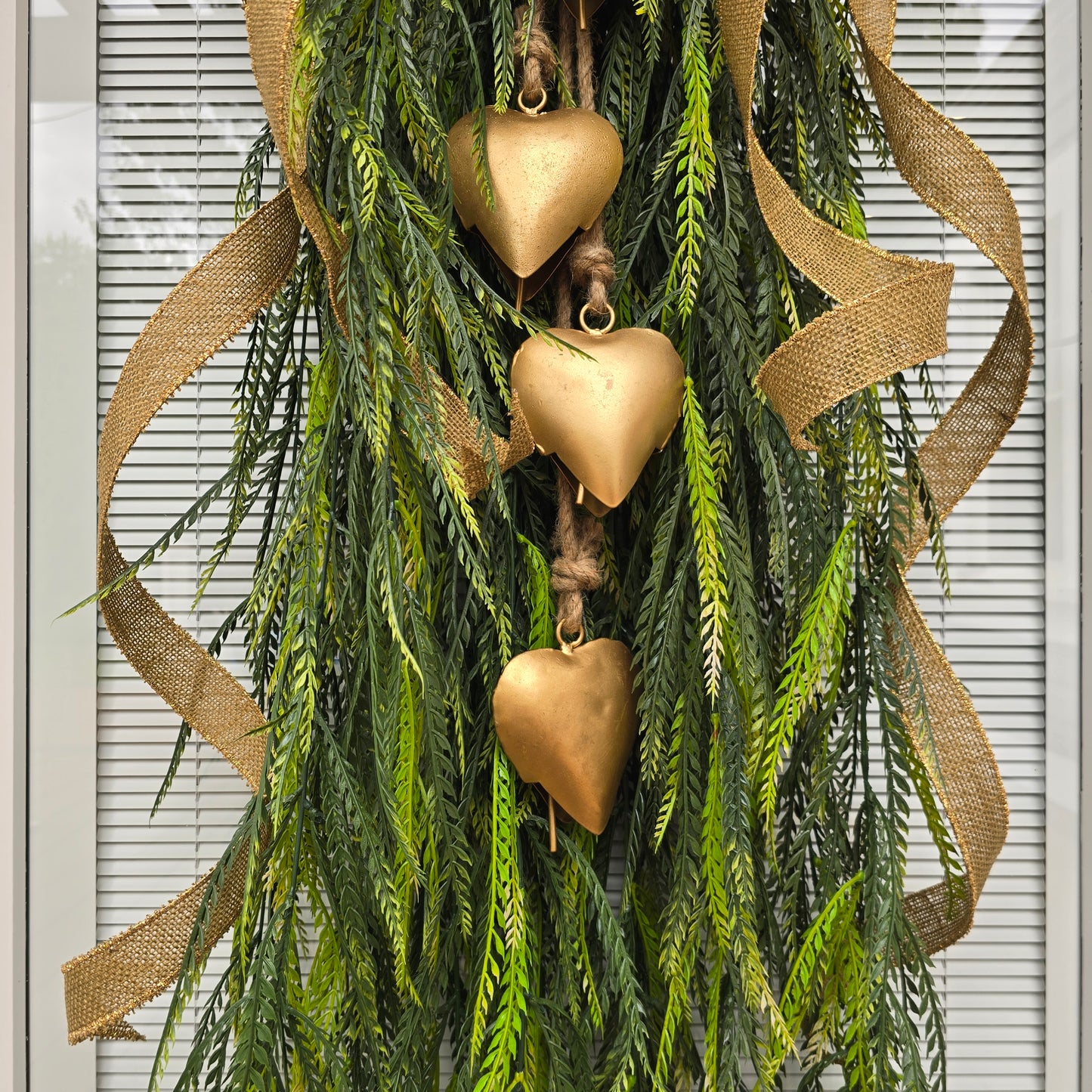 Year Round Wreath, Extra Large Door Swag, Everyday Wreath, Greenery Teardrop Swag With Gold Heart Bells