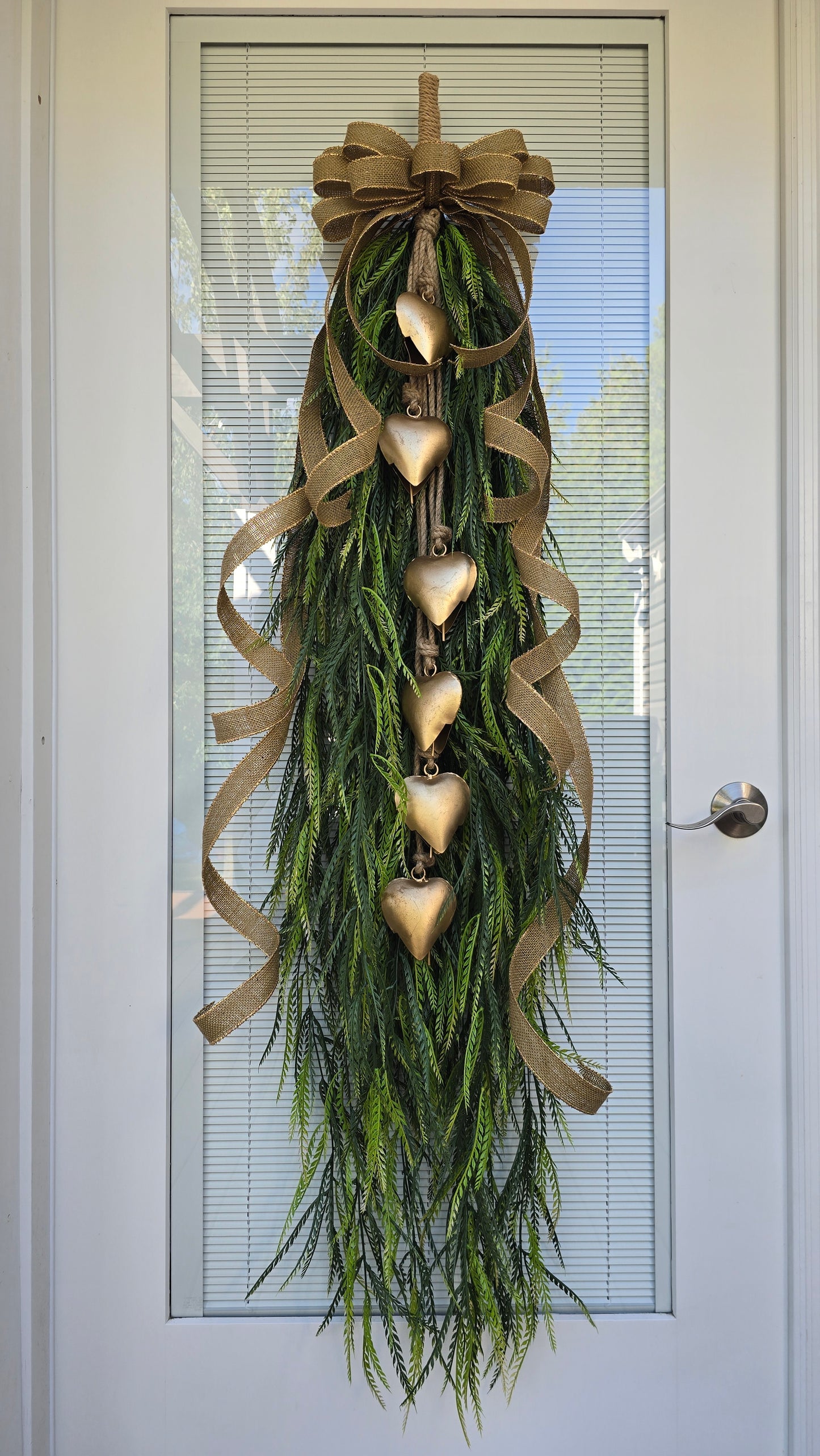 Year Round Wreath, Extra Large Door Swag, Everyday Wreath, Greenery Teardrop Swag With Gold Heart Bells