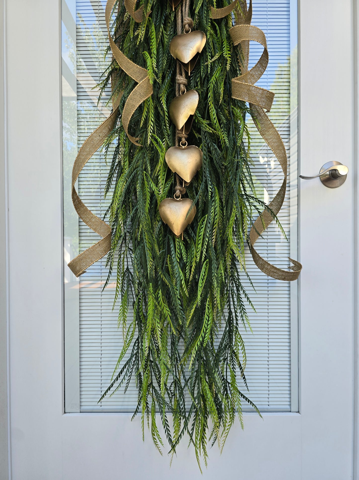 Year Round Wreath, Extra Large Door Swag, Everyday Wreath, Greenery Teardrop Swag With Gold Heart Bells
