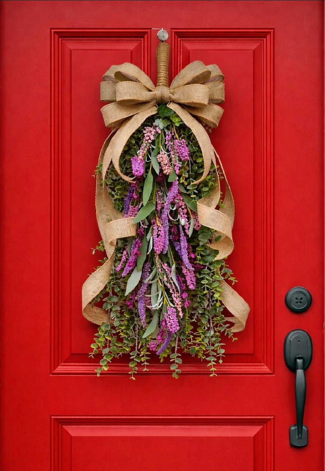 Eucalyptus Lavender Teardrop Swag | Handmade Front Door Wreath with Rustic Burlap Bow