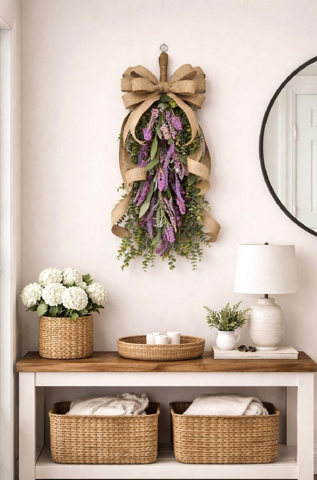 Eucalyptus Lavender Teardrop Swag | Handmade Front Door Wreath with Rustic Burlap Bow