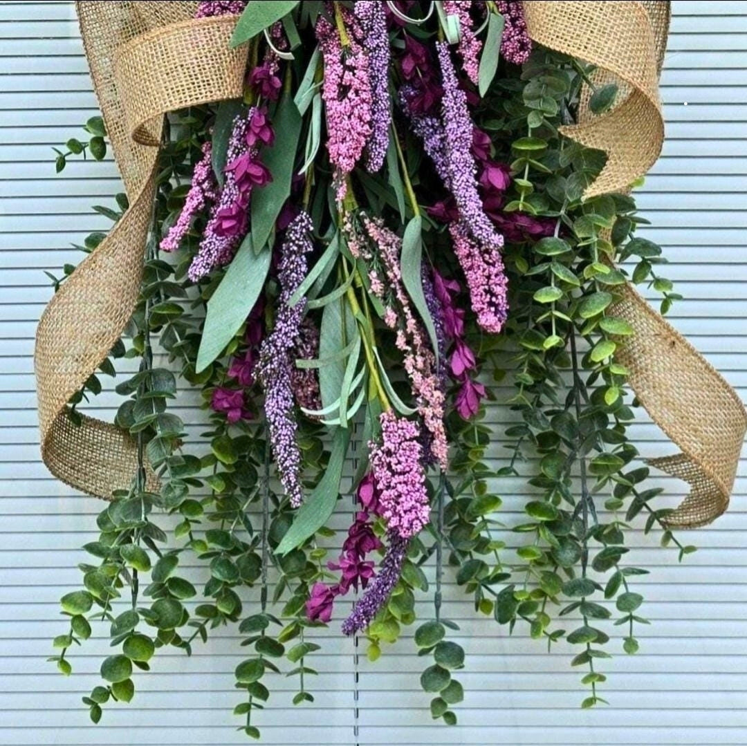 Eucalyptus Lavender Teardrop Swag | Handmade Front Door Wreath with Rustic Burlap Bow