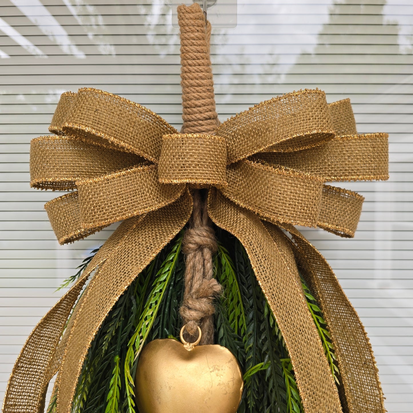 Year Round Wreath, Extra Large Door Swag, Everyday Wreath, Greenery Teardrop Swag With Gold Heart Bells