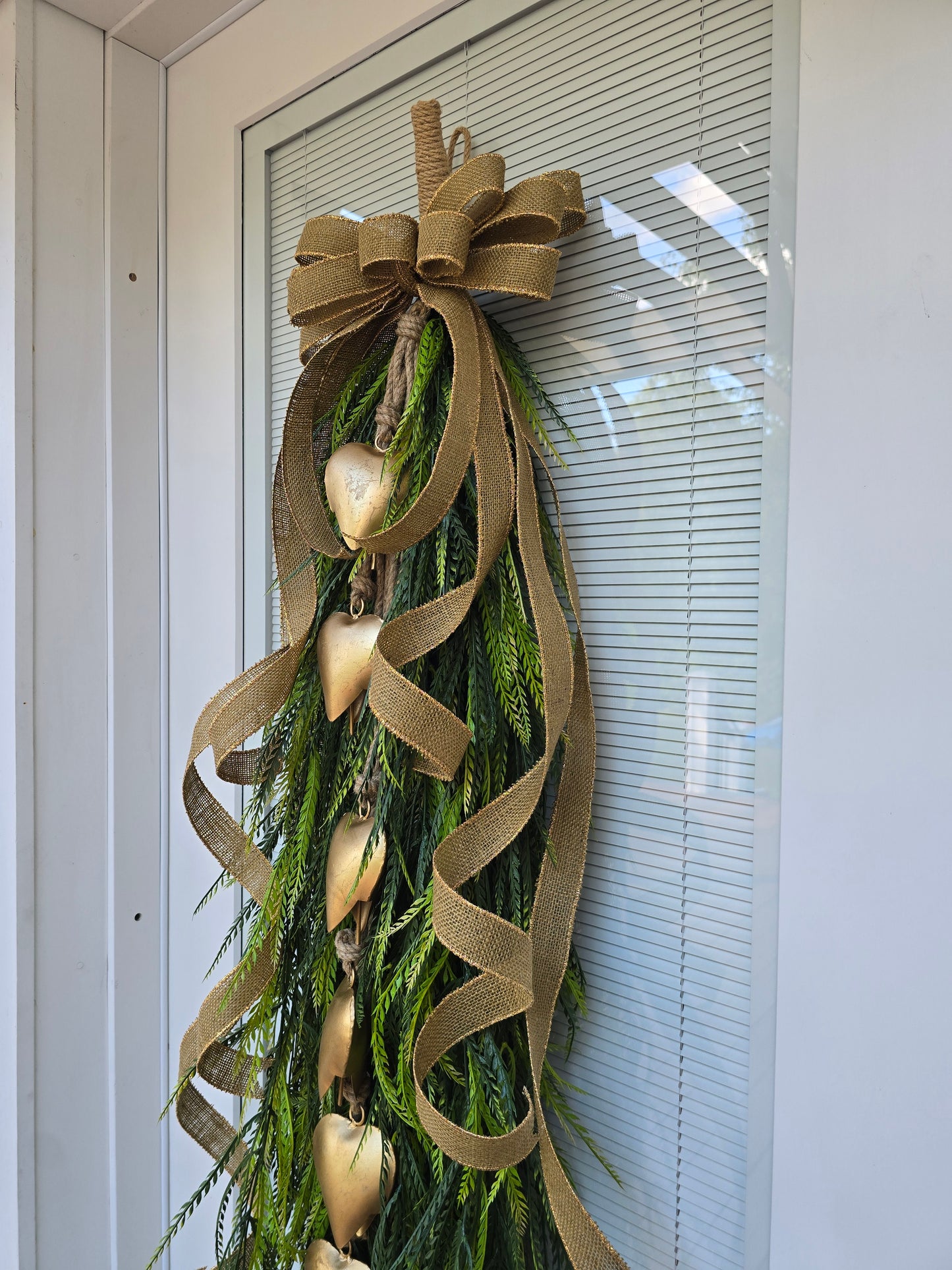 Year Round Wreath, Extra Large Door Swag, Everyday Wreath, Greenery Teardrop Swag With Gold Heart Bells