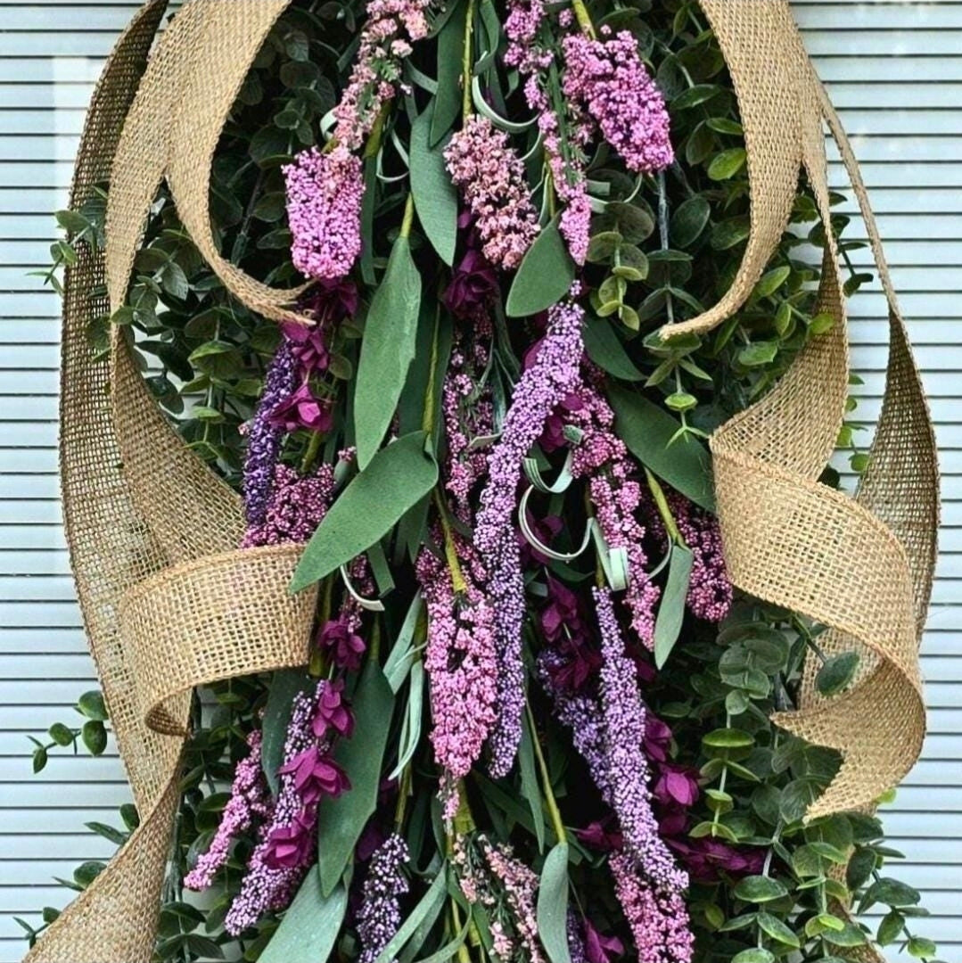 Eucalyptus Lavender Teardrop Swag | Handmade Front Door Wreath with Rustic Burlap Bow