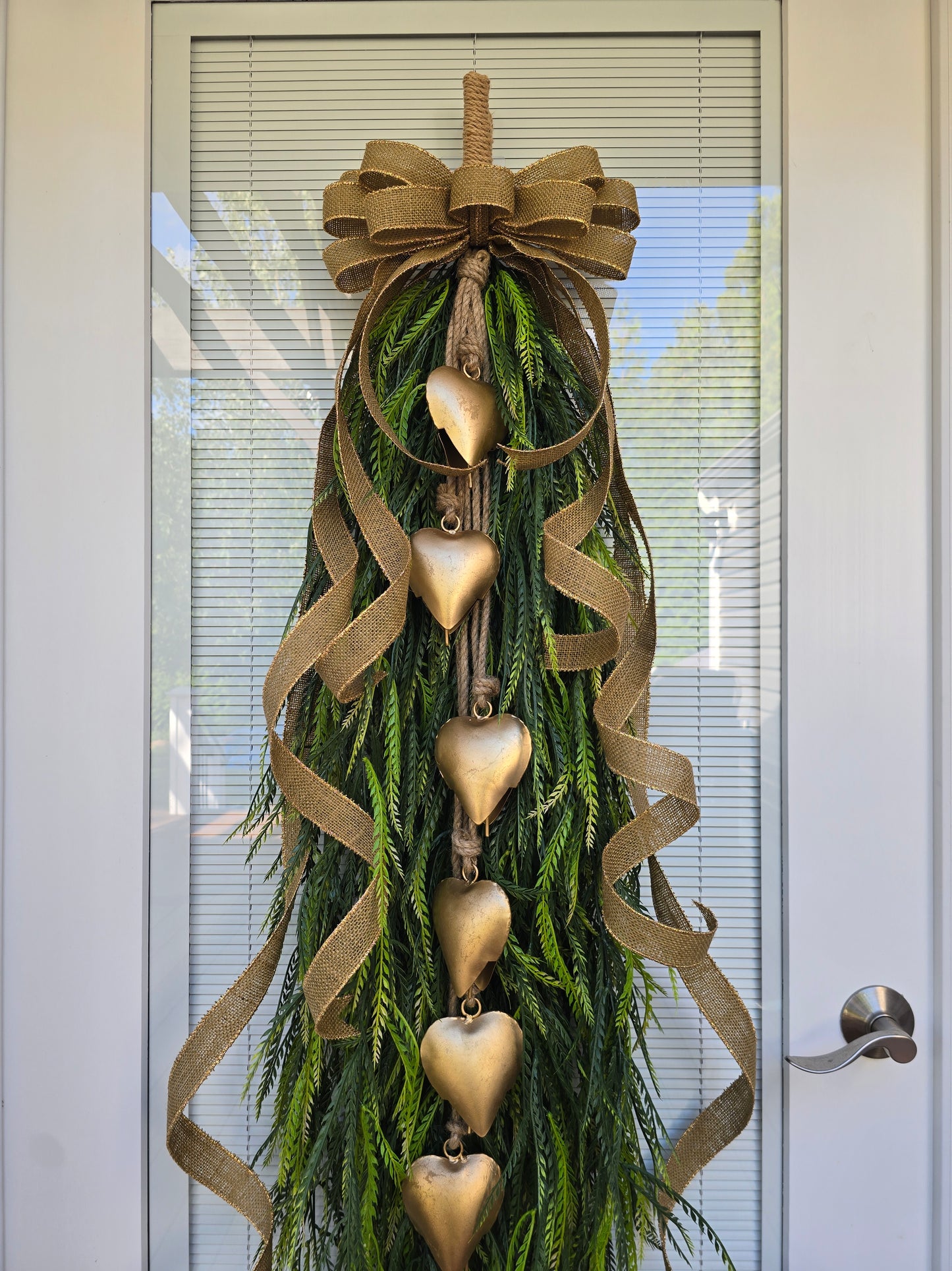 Year Round Wreath, Extra Large Door Swag, Everyday Wreath, Greenery Teardrop Swag With Gold Heart Bells