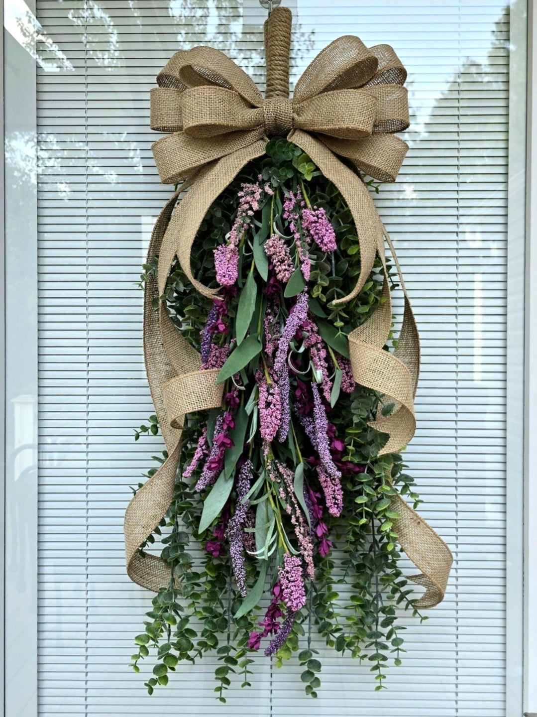 Eucalyptus Lavender Teardrop Swag | Handmade Front Door Wreath with Rustic Burlap Bow