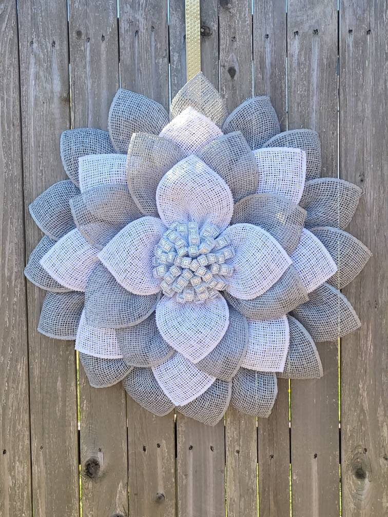 Gray and White Burlap Silver Bling Flower Wreath