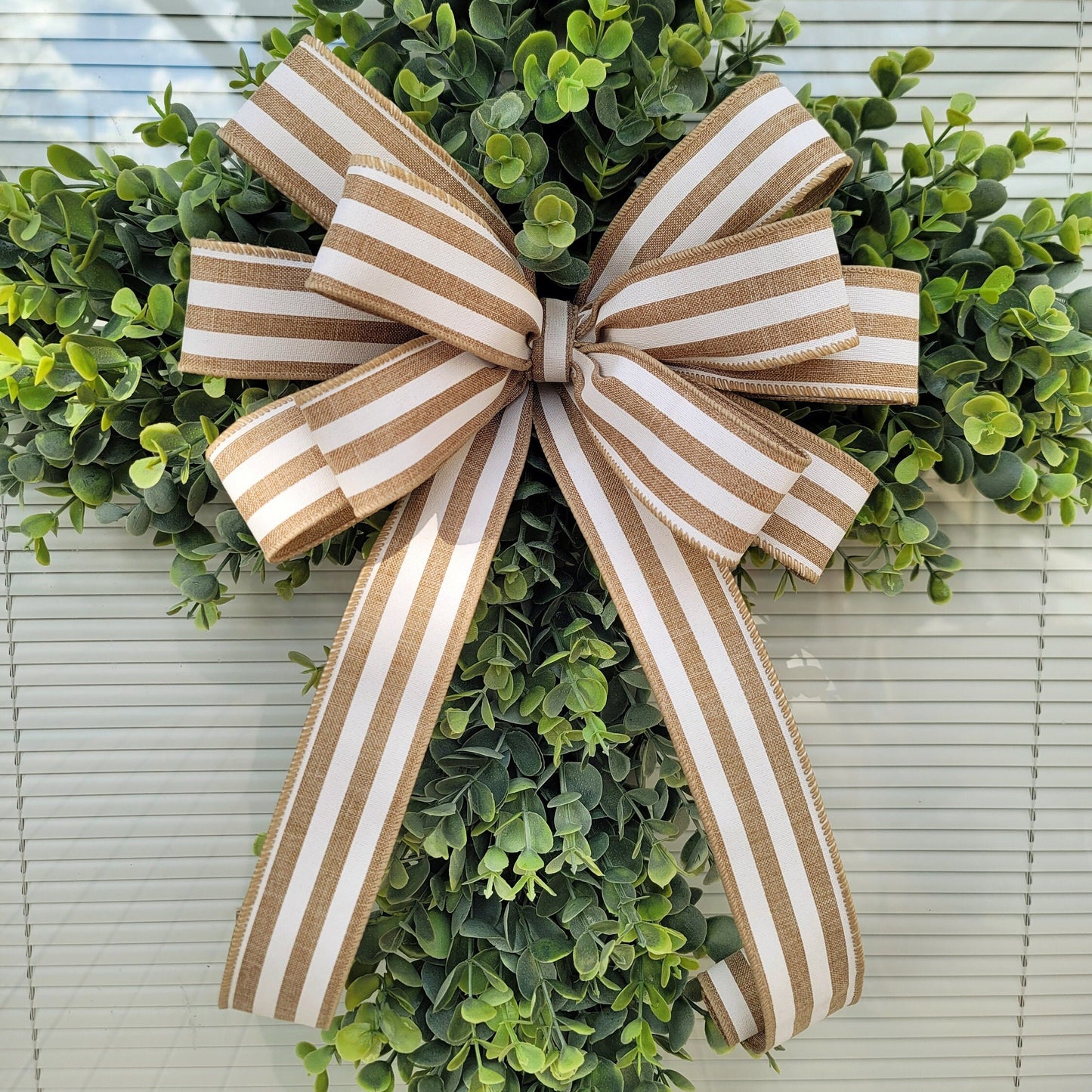 Easter Cross Eucalyptus Wreath with Light Brown Striped Bow