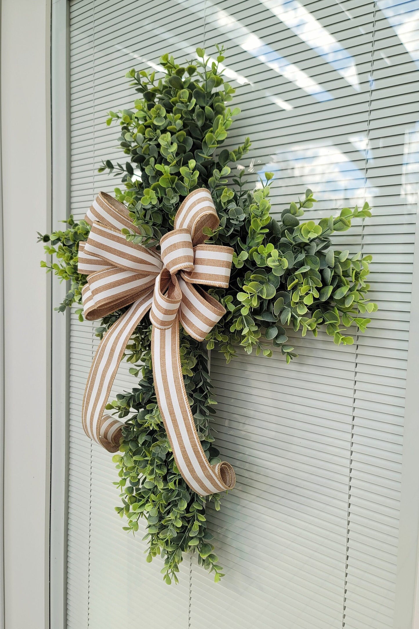 Easter Cross Eucalyptus Wreath with Light Brown Striped Bow