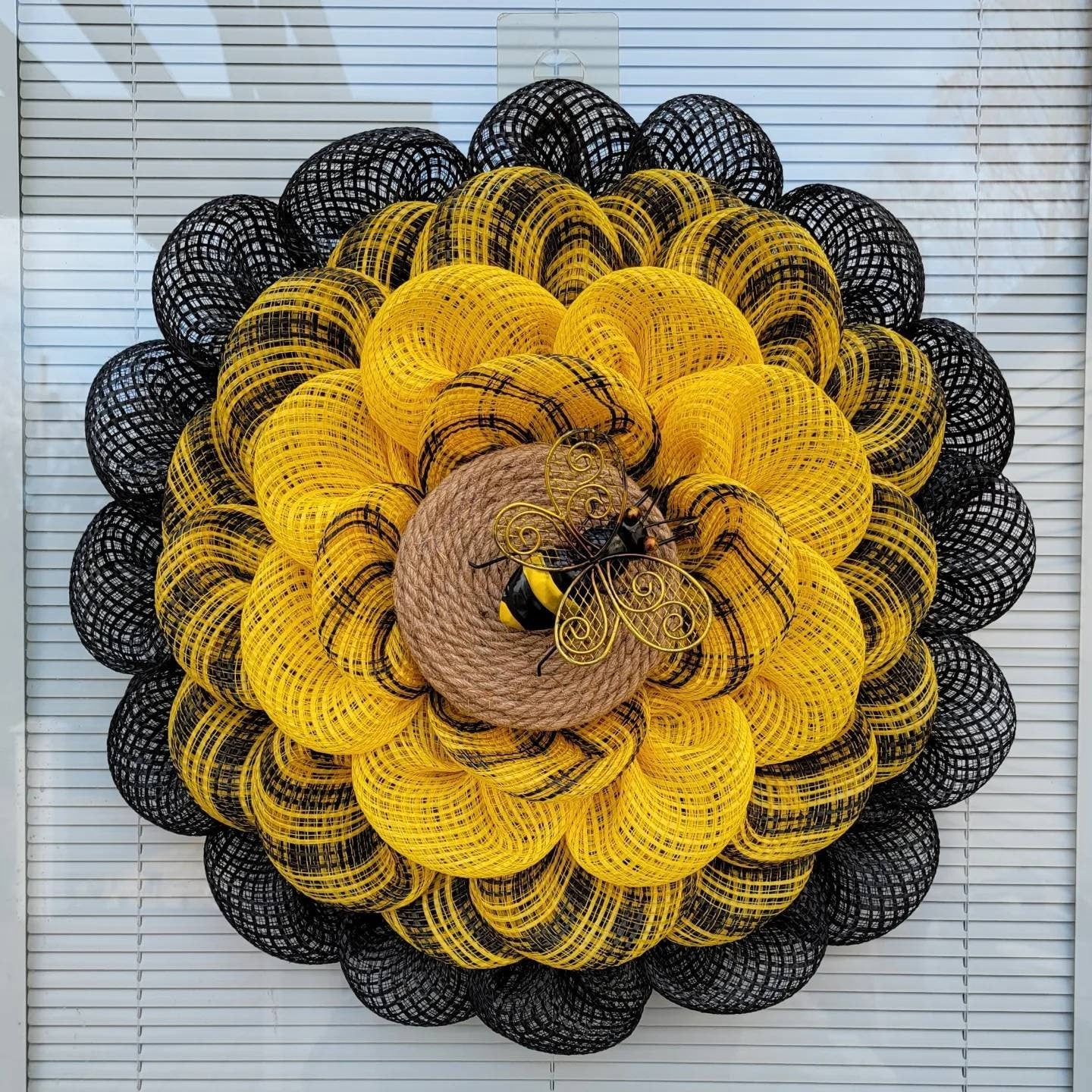 Rounded Burlap Sunflower Wreath with Light Brown Center and Bee