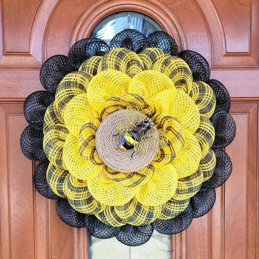 Rounded Burlap Sunflower Wreath with Light Brown Center and Bee