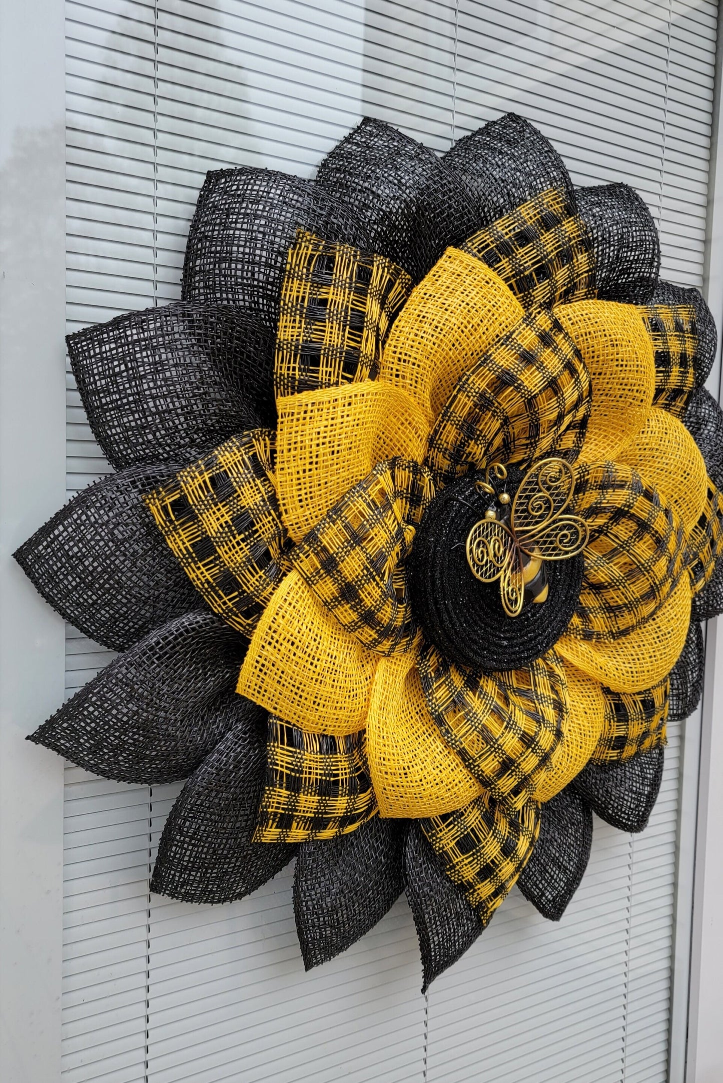 Burlap Sunflower Wreath with Black Center and Bee