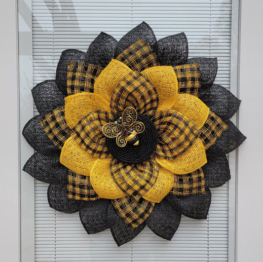 Burlap Sunflower Wreath with Black Center and Bee