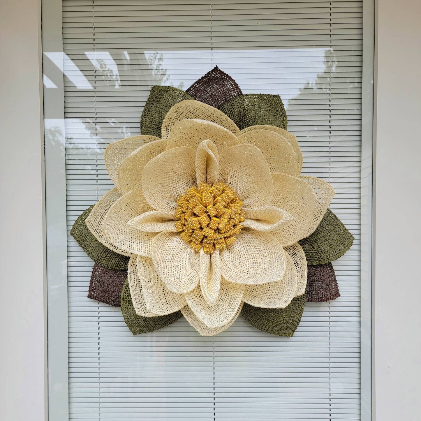 Magnolia Front Door Porch Cream Burlap Bling Flower Wreath