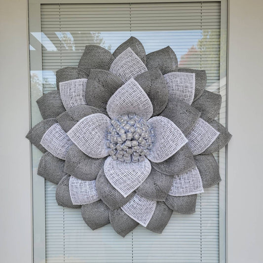 Gray and White Burlap Silver Bling Flower Wreath