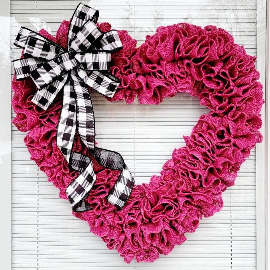 Pink Heart Shaped Burlap Wreath with Bow