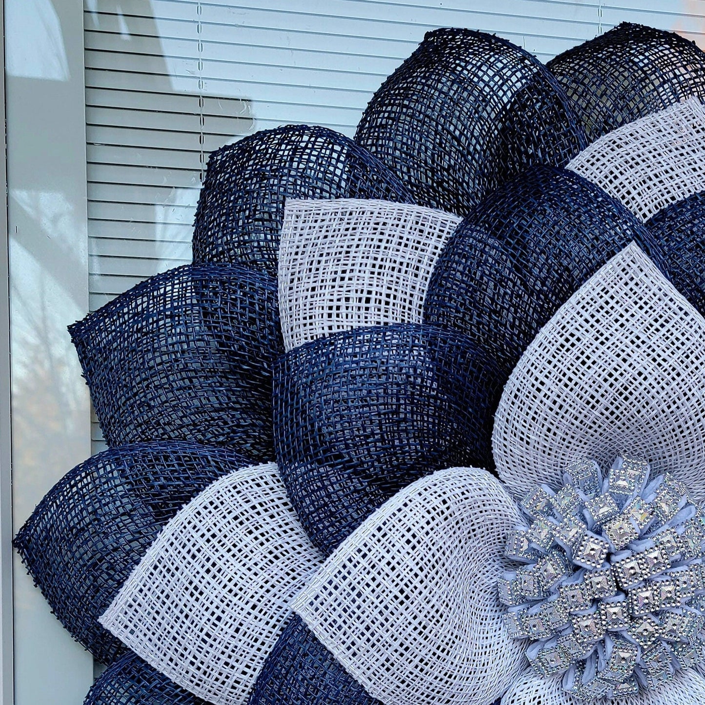 Navy and White Burlap Silver Bling Flower Wreath