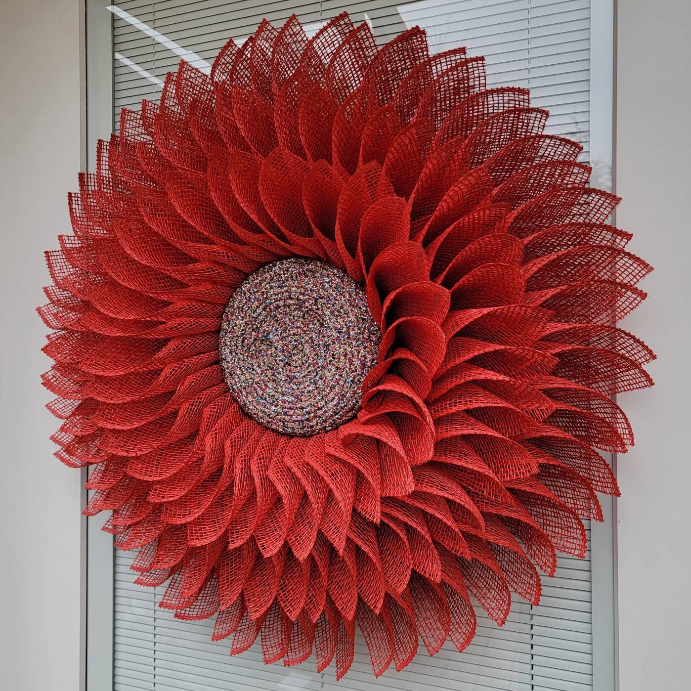 Red Burlap Multicolor Bling Flower Wreath