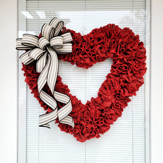 Red Heart Shaped Burlap Wreath with Bow
