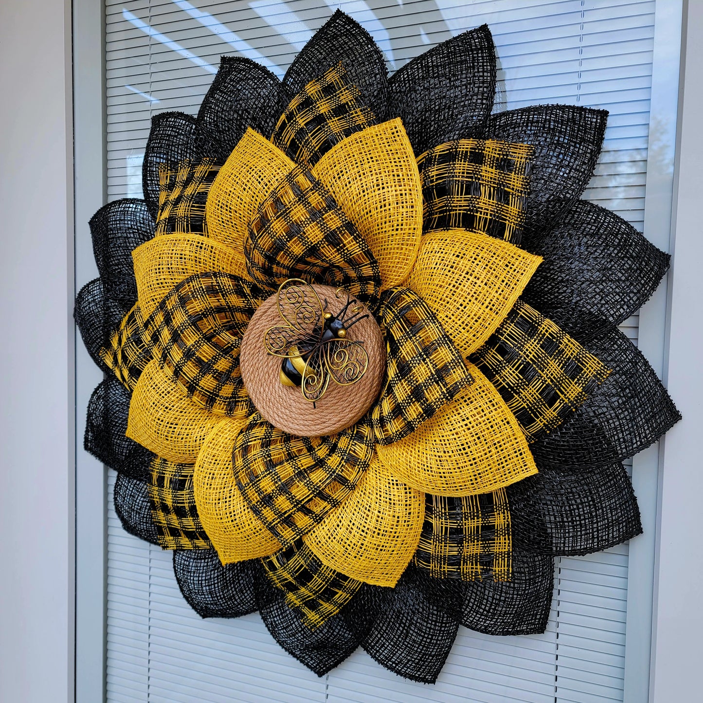 Burlap Sunflower Wreath with Light Brown Center and Bee