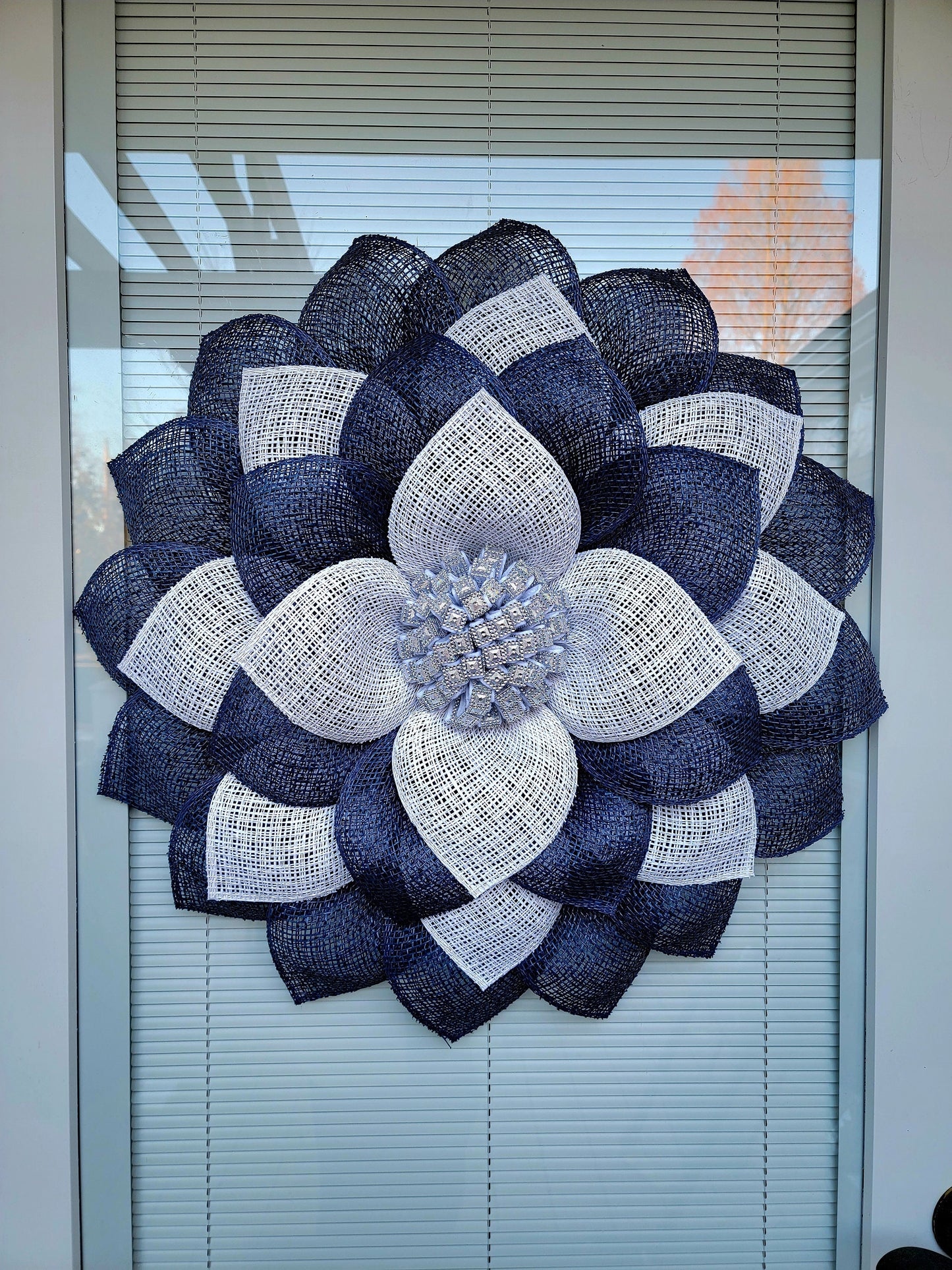 Navy and White Burlap Silver Bling Flower Wreath