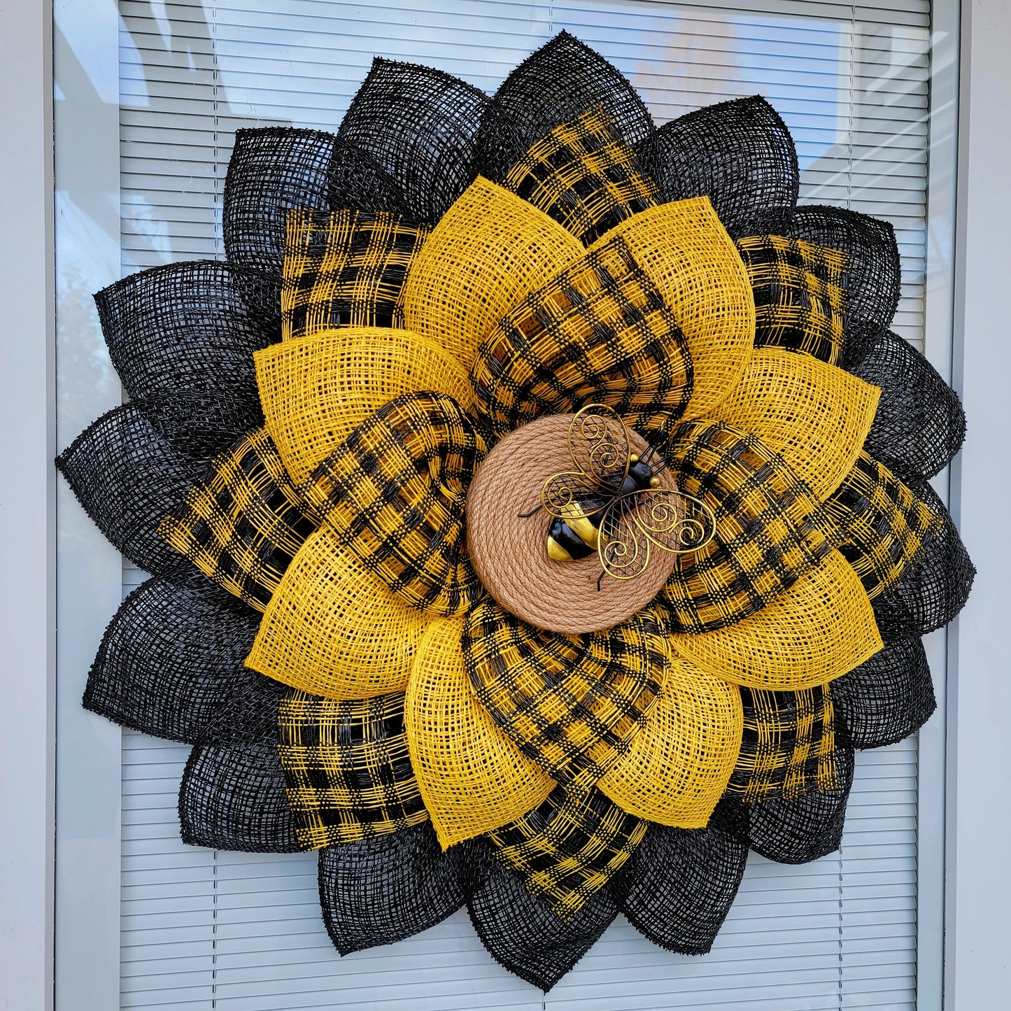 Burlap Sunflower Wreath with Light Brown Center and Bee