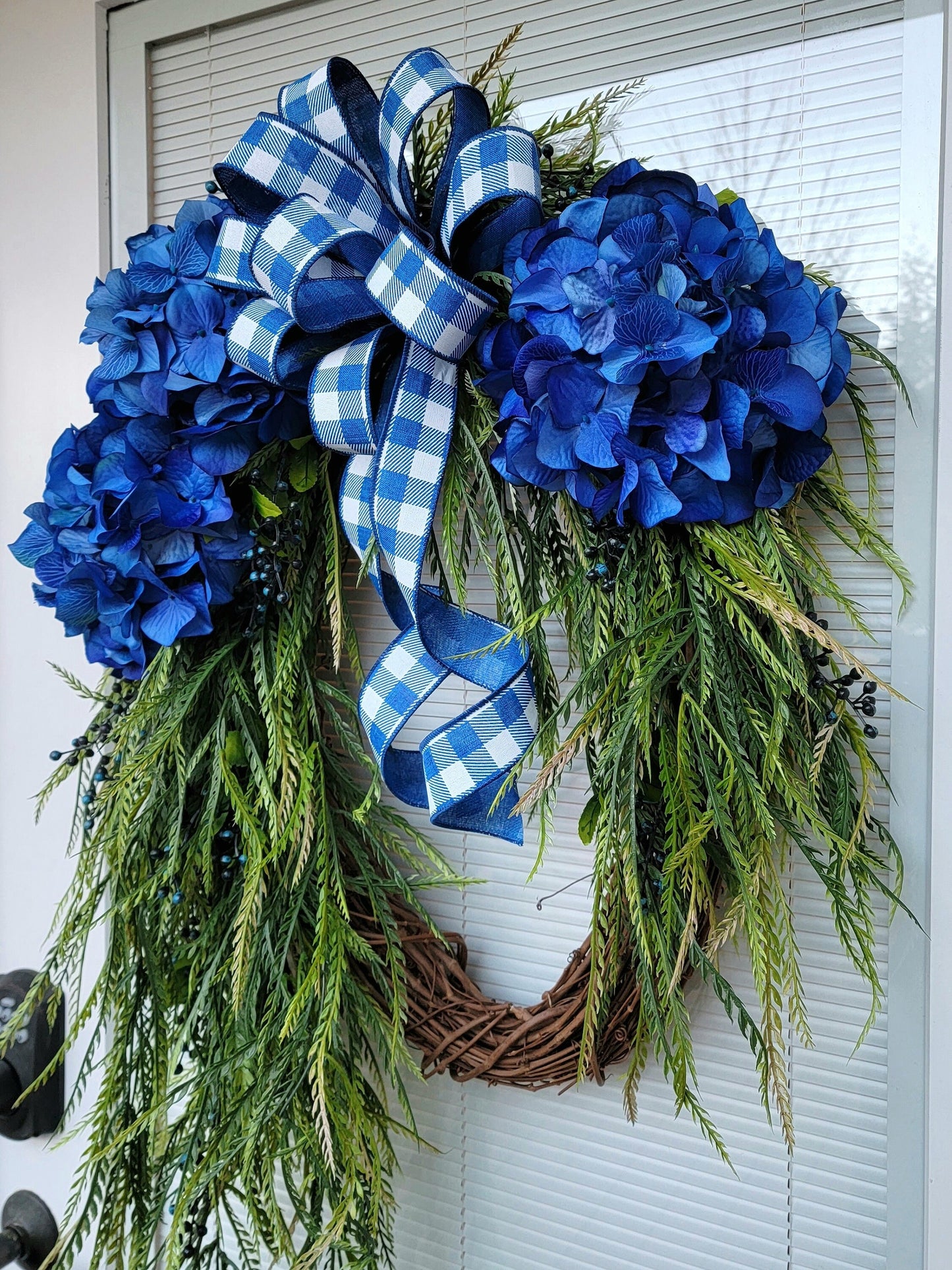 Blue Hydrangea Grapevine Wreath with Bow