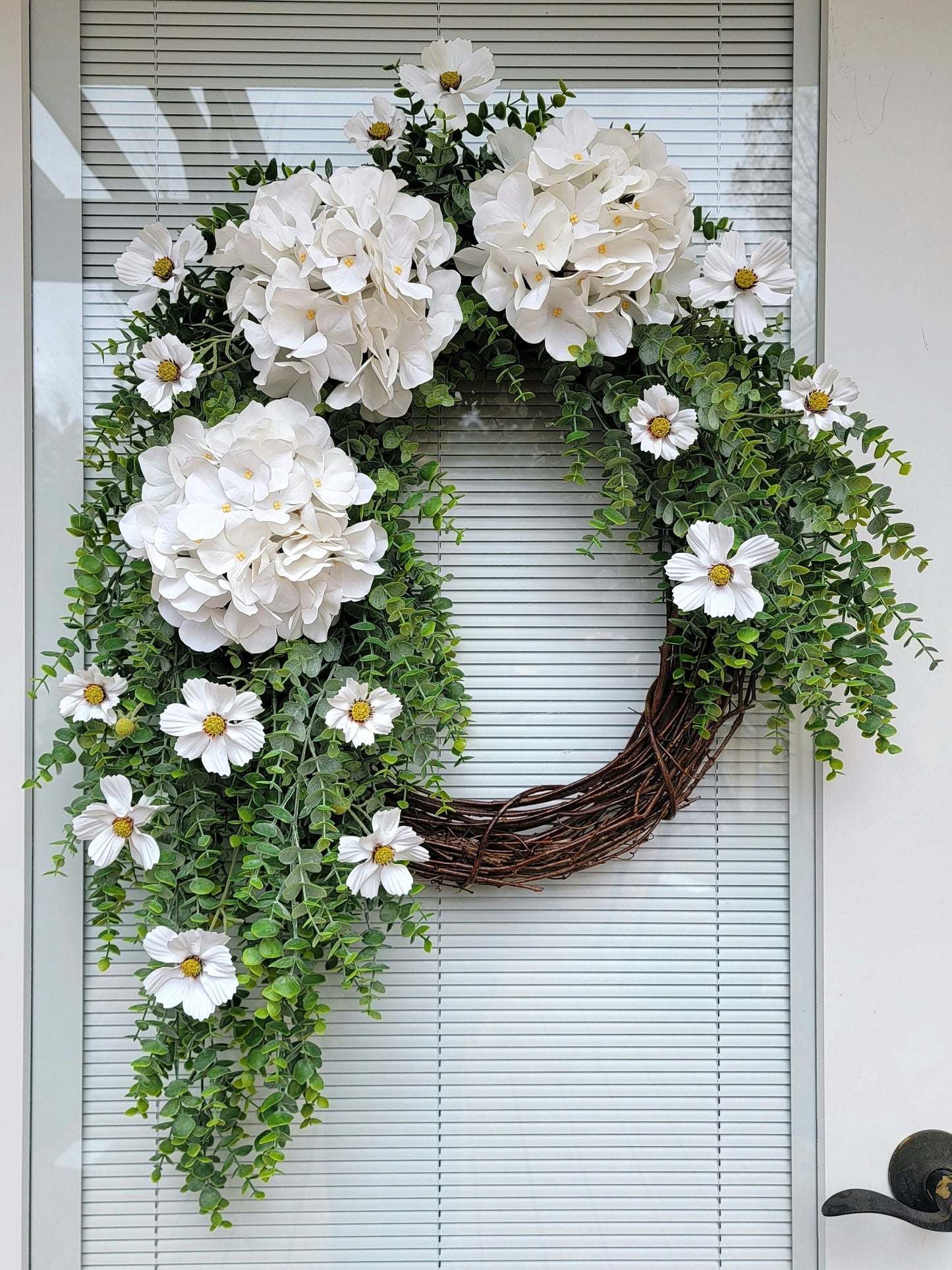 White Hydrangea, Cosmo and Eucalyptus Grapevine Wreath